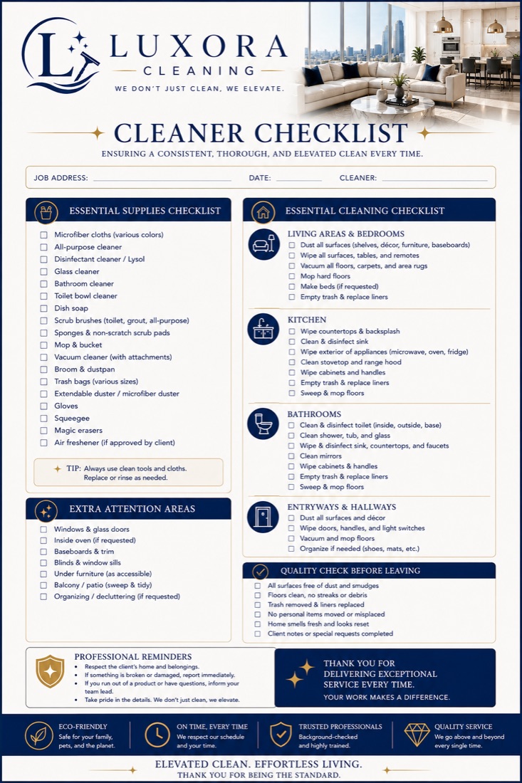 Luxora Cleaning professional cleaner checklist for consistent, thorough cleaning